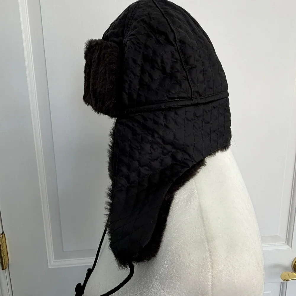 J Crew Black Quilted Trapper Hat Faux Fur Made‎ in Italy OSFM